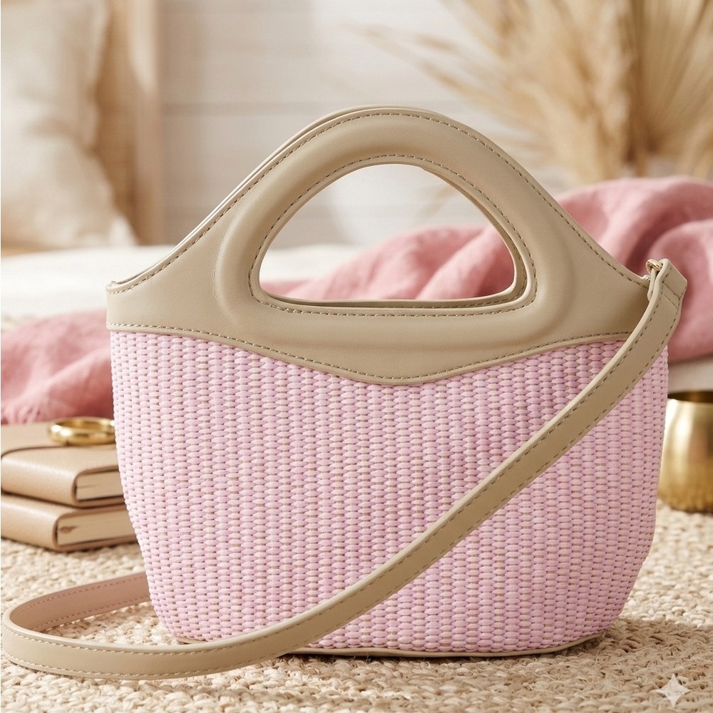 The Drop Mini Tote. Elegant light pink raffia  and Tan Women's Handbag
